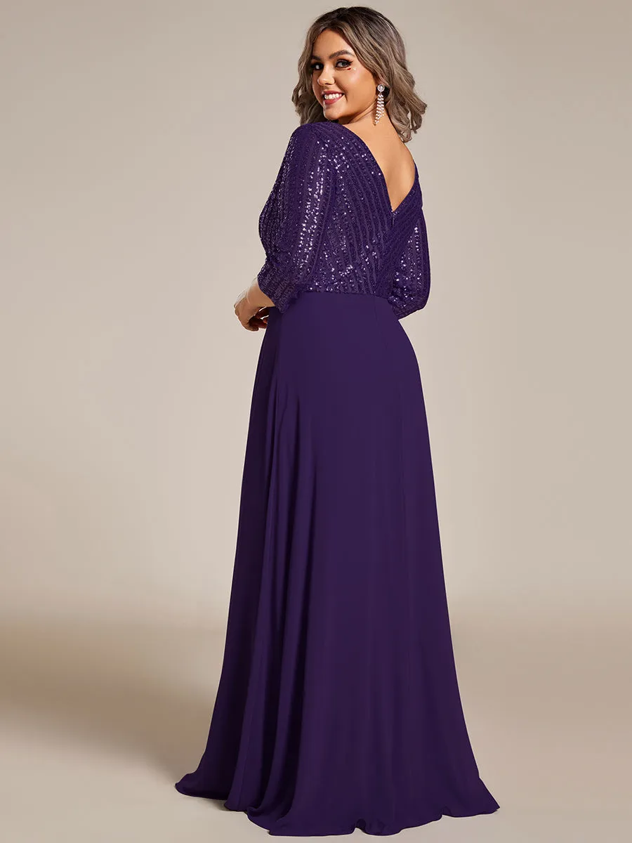 Robe de Soirée Longue Sexy à Col en V et Paillettes avec Manches 3/4