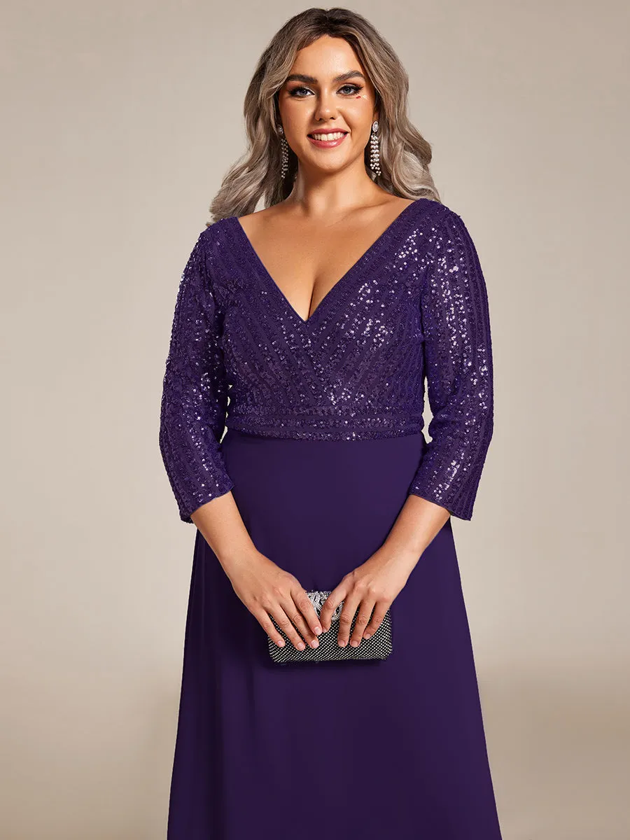 Robe de Soirée Longue Sexy à Col en V et Paillettes avec Manches 3/4