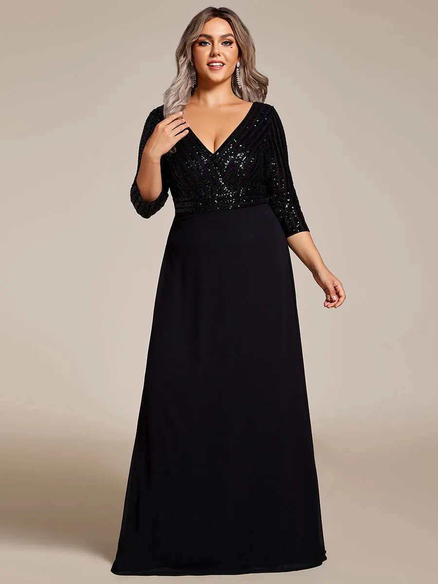 Robe de Soirée Longue Sexy à Col en V et Paillettes avec Manches 3/4