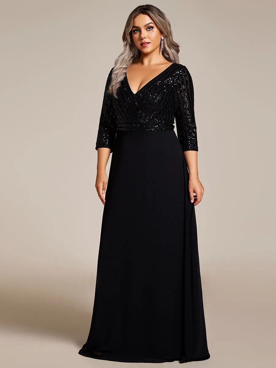 Robe de soirée à paillettes, col V, taille plus, avec manches, décolleté en A