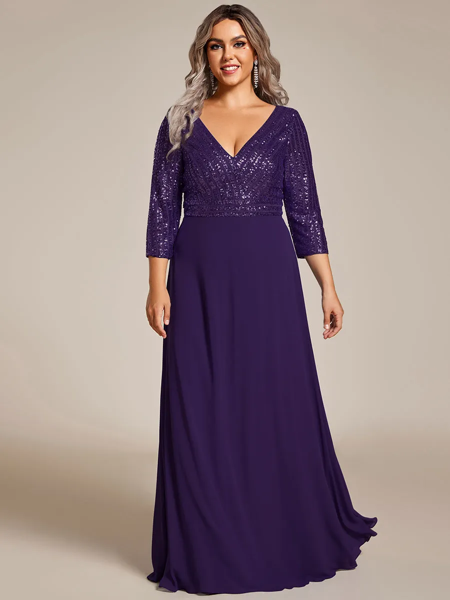 Robe de soirée à paillettes, col V, taille plus, avec manches, décolleté en A