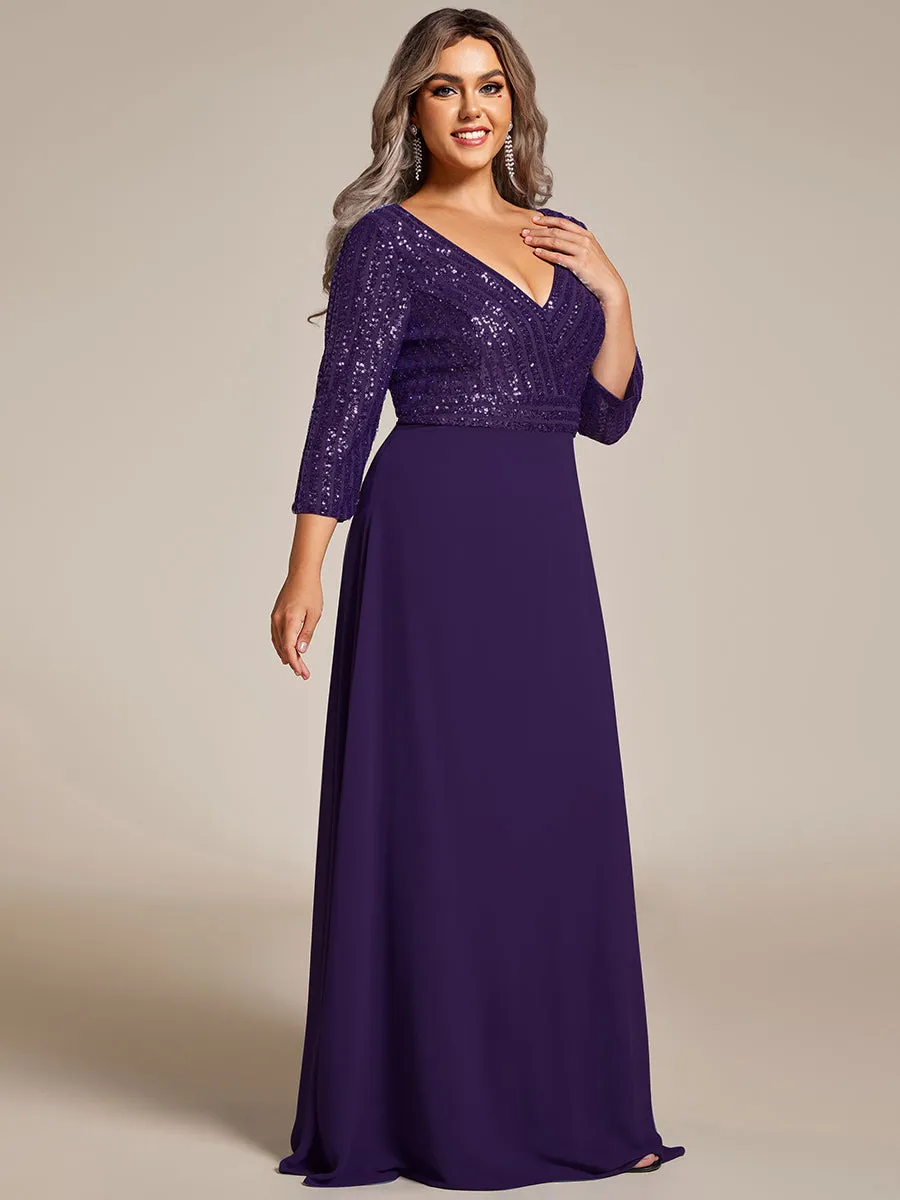 Robe de soirée à paillettes, col V, taille plus, avec manches, décolleté en A