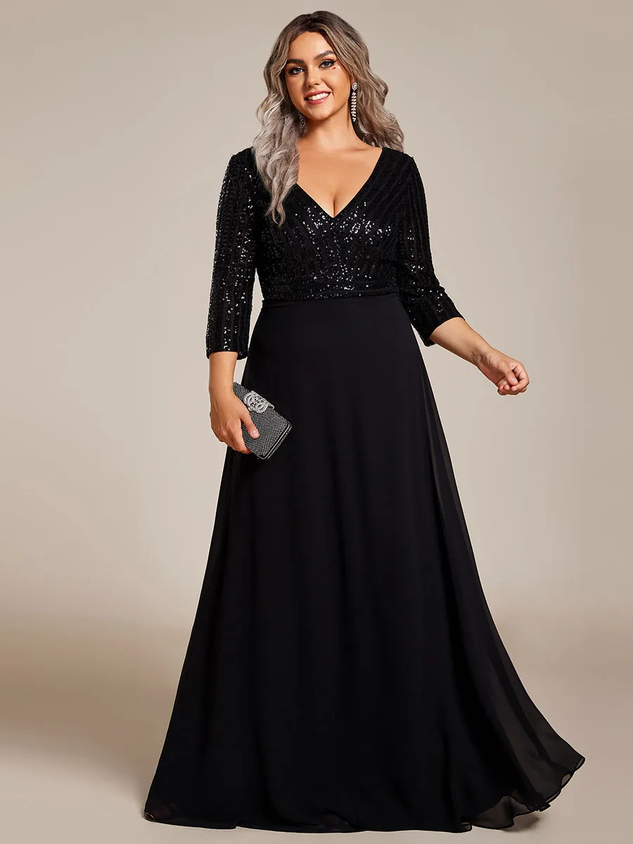 Robe de soirée à paillettes, col V, taille plus, avec manches, décolleté en A