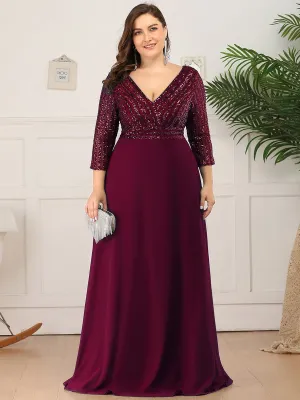 Robe de soirée à paillettes, col V, taille plus, avec manches, décolleté en A