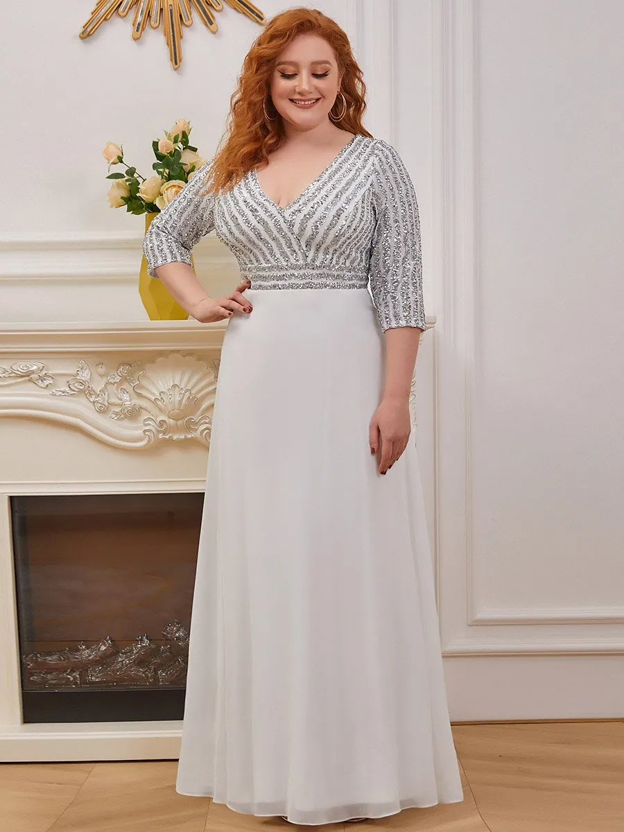 Robe de soirée à paillettes, col V, taille plus, avec manches, décolleté en A