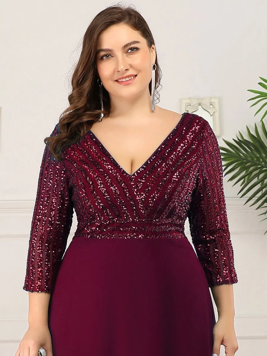 Robe de soirée à paillettes, col V, taille plus, avec manches, décolleté en A