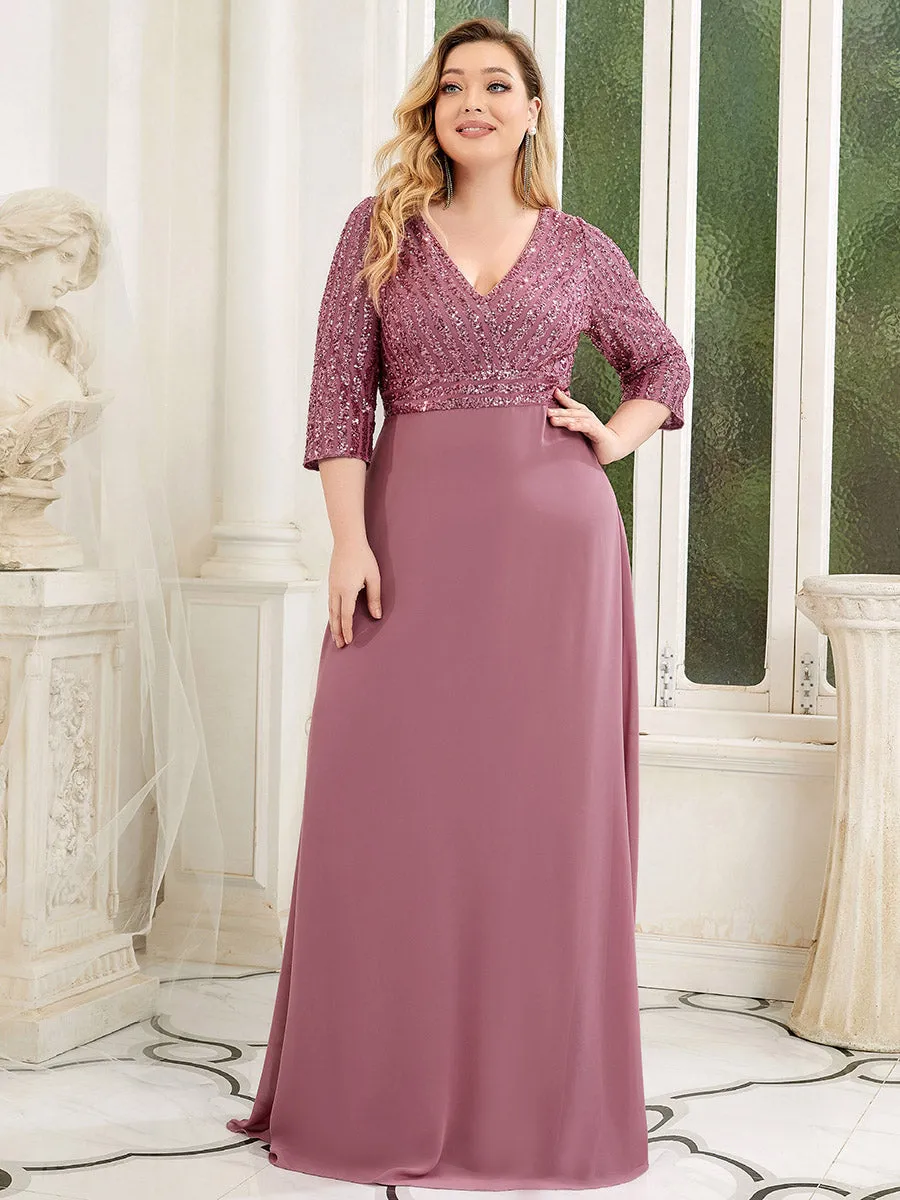 Robe de soirée à paillettes, col V, taille plus, avec manches, décolleté en A