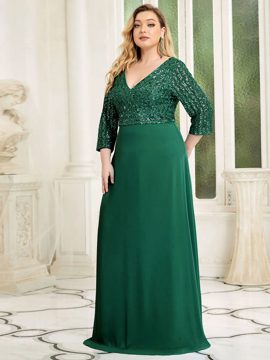 Robe de soirée à paillettes, col V, taille plus, avec manches, décolleté en A