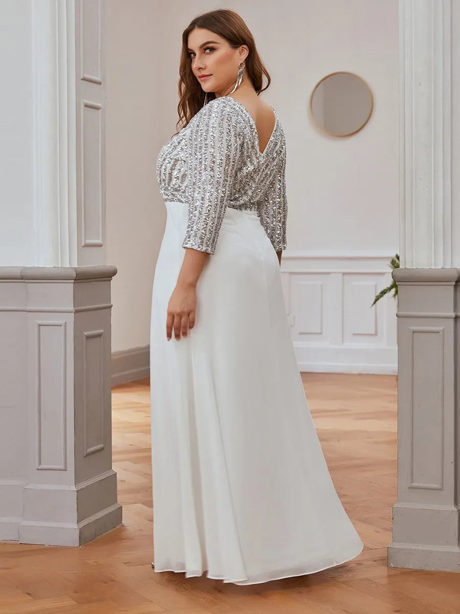 Robe de soirée à paillettes, col V, taille plus, avec manches, décolleté en A