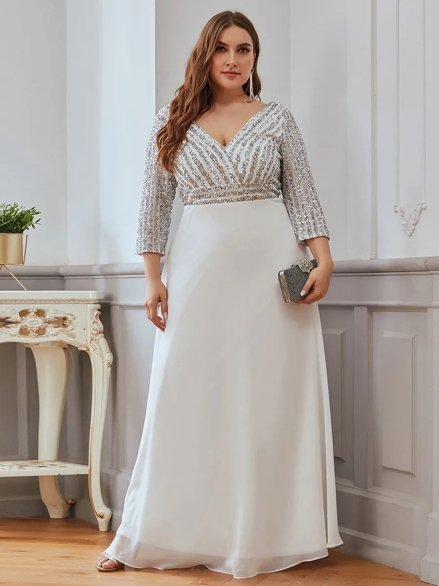 Robe de soirée à paillettes, col V, taille plus, avec manches, décolleté en A