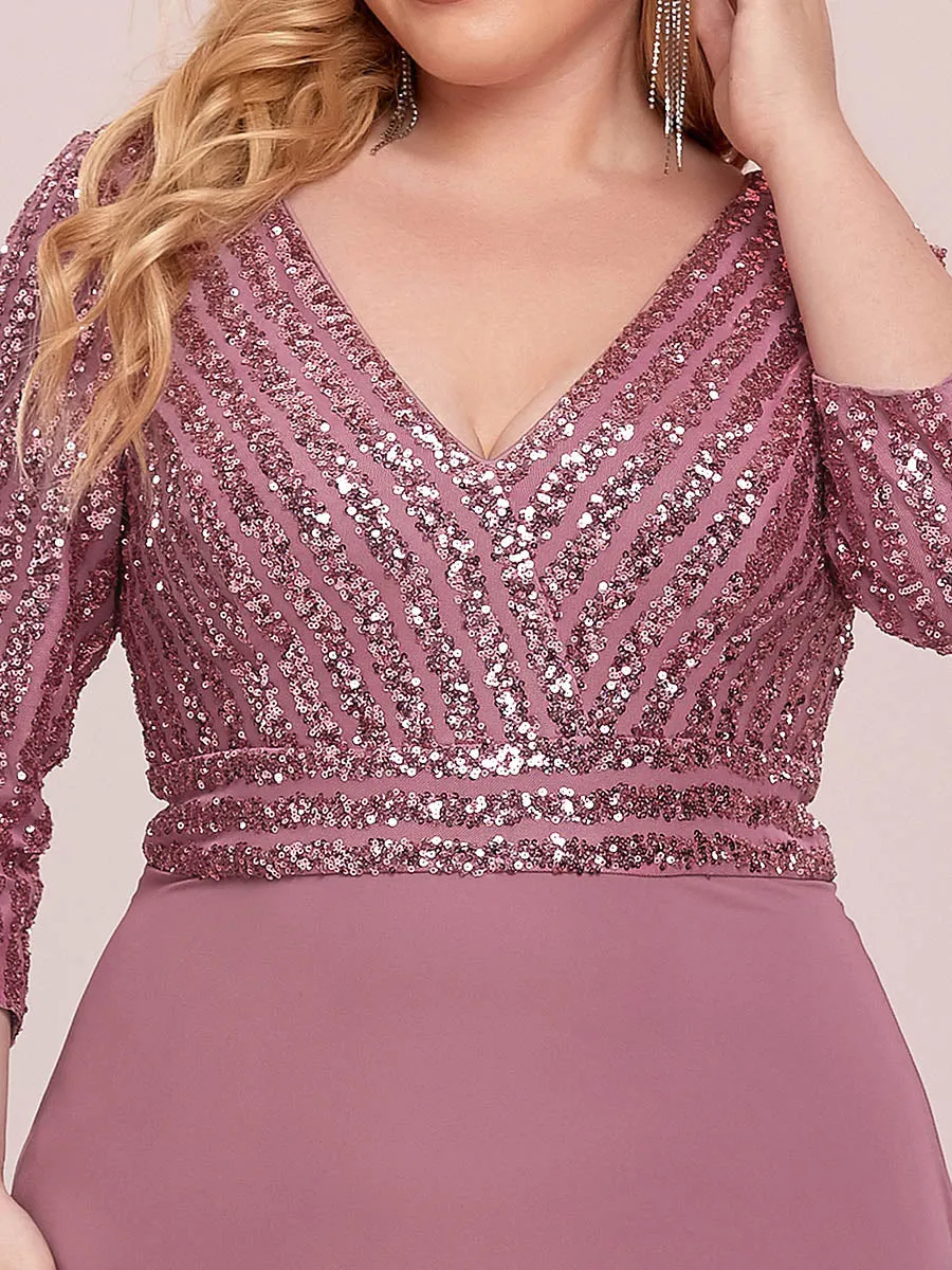 Robe de soirée à paillettes, col V, taille plus, avec manches, décolleté en A