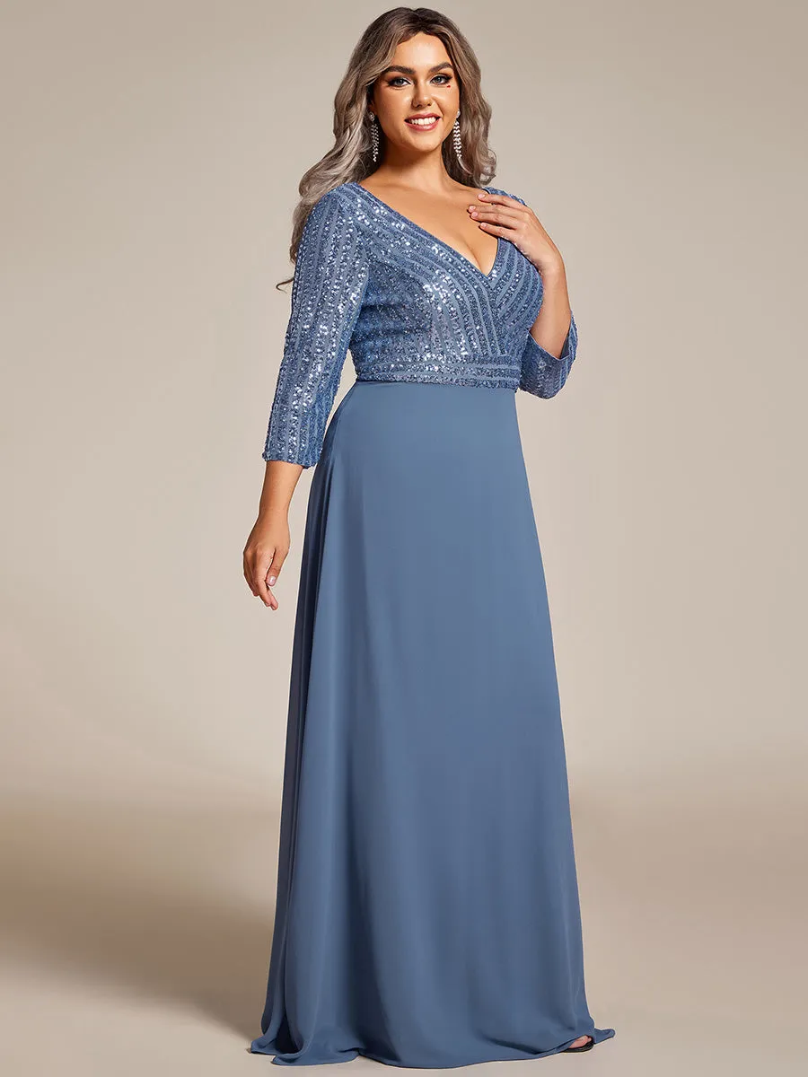 Robe de soirée à paillettes, col V, taille plus, avec manches, décolleté en A