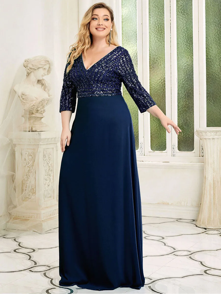 Robe de soirée à paillettes, col V, taille plus, avec manches, décolleté en A