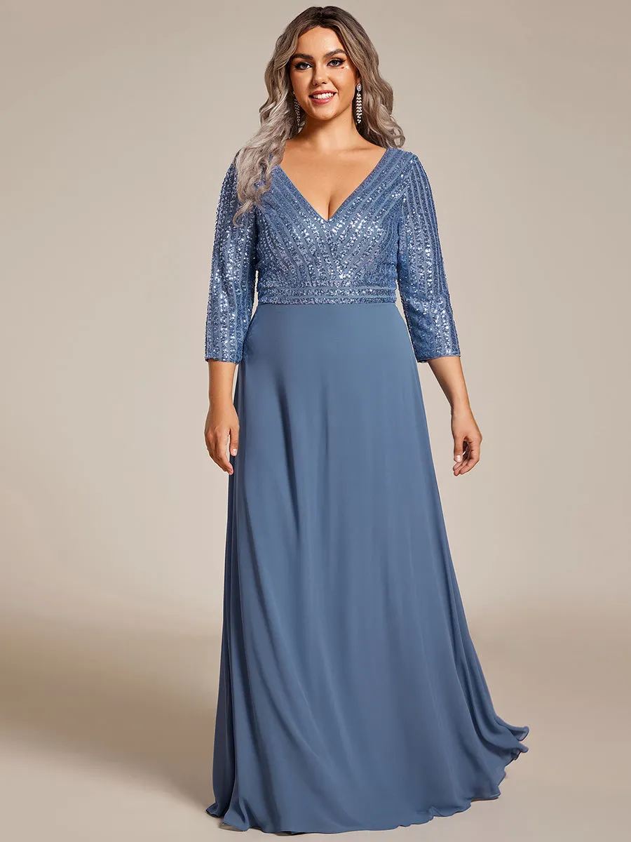 Robe de soirée à paillettes, col V, taille plus, avec manches, décolleté en A