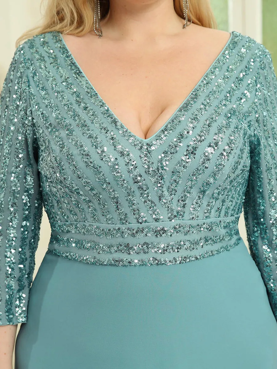 Robe de soirée à paillettes, col V, taille plus, avec manches, décolleté en A