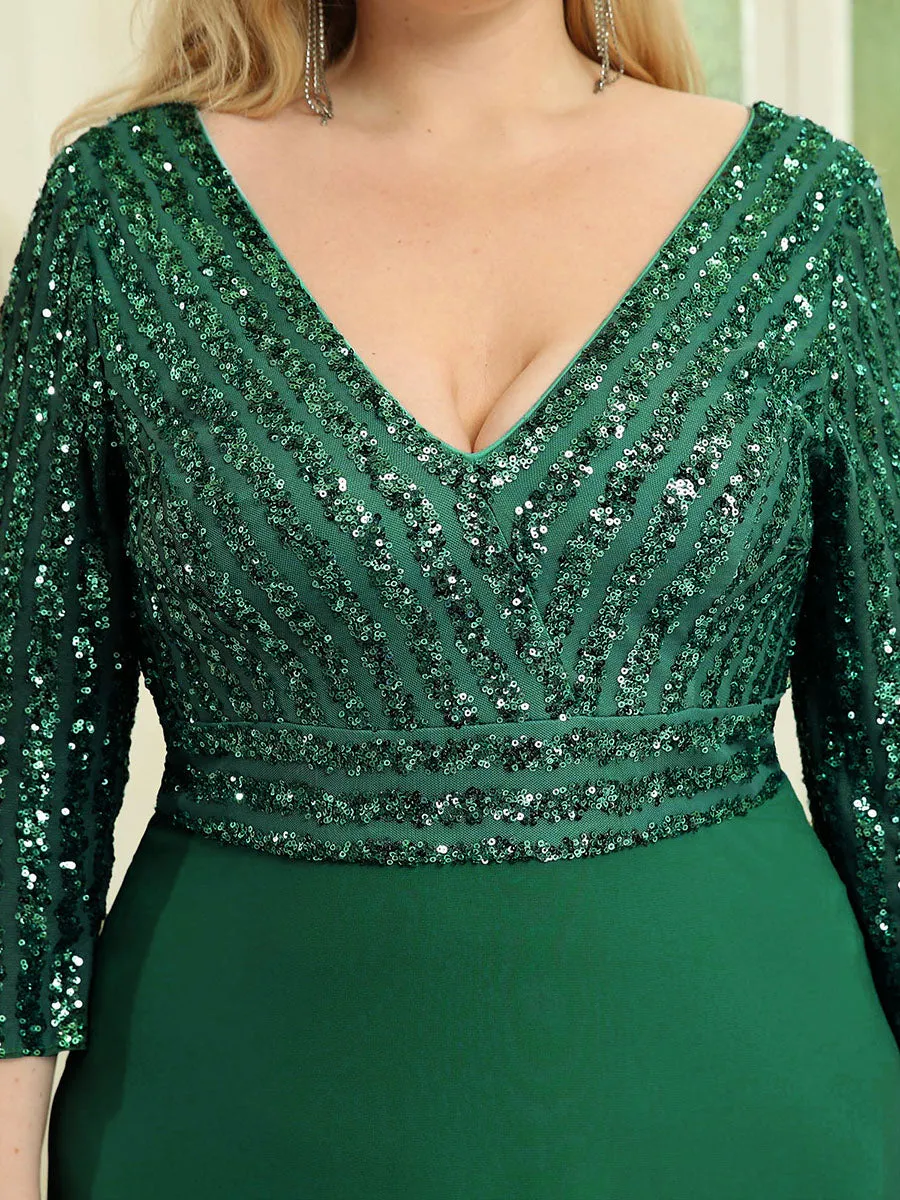 Robe de soirée à paillettes, col V, taille plus, avec manches, décolleté en A