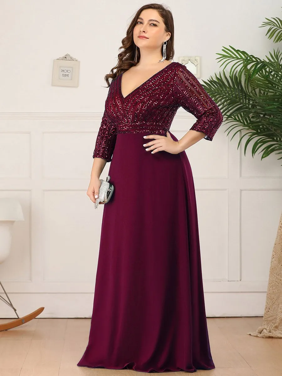 Robe de soirée à paillettes, col V, taille plus, avec manches, décolleté en A