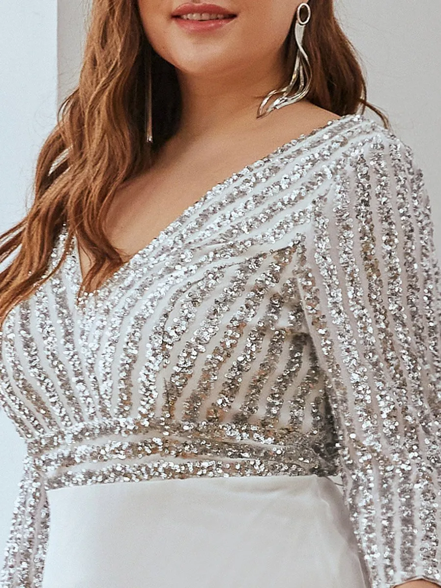 Robe de soirée à paillettes, col V, taille plus, avec manches, décolleté en A