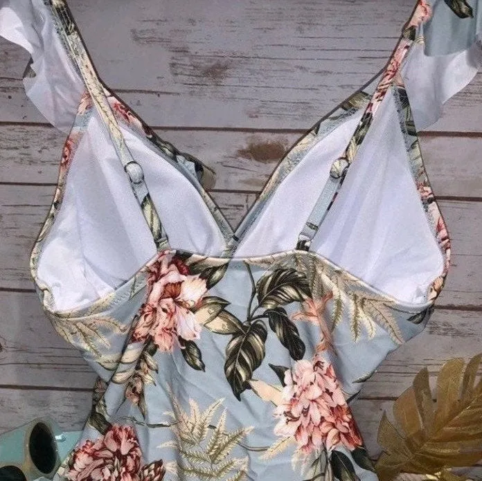 S-XL petite Laurel Mint Blue Swimsuit one-piece vintage chic blue w hints of mint   florals ferns & femme ruffles sophisticated chic V neck