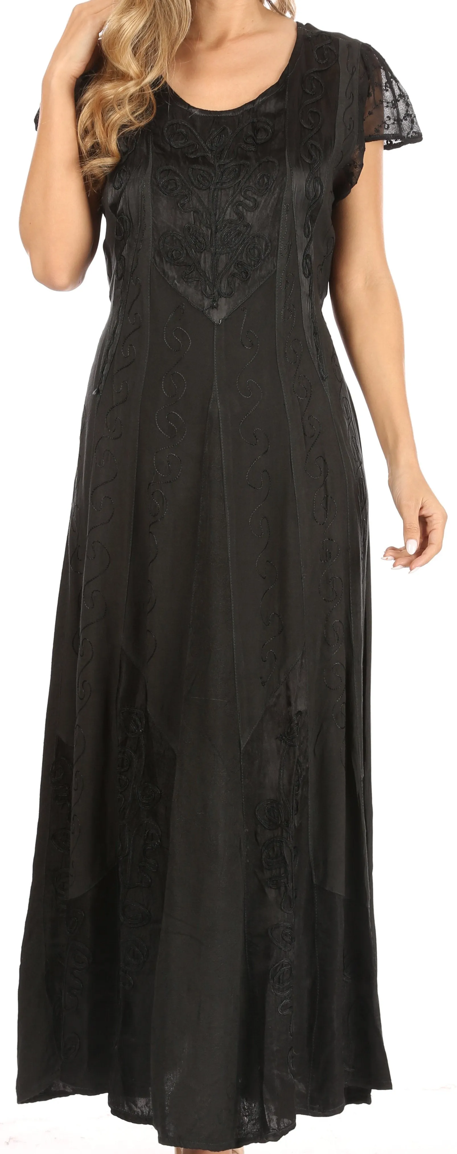 Sakkas Marni Women's Casual Maxi Short Sleeve Stonewashed Long Caftan Dress Lace