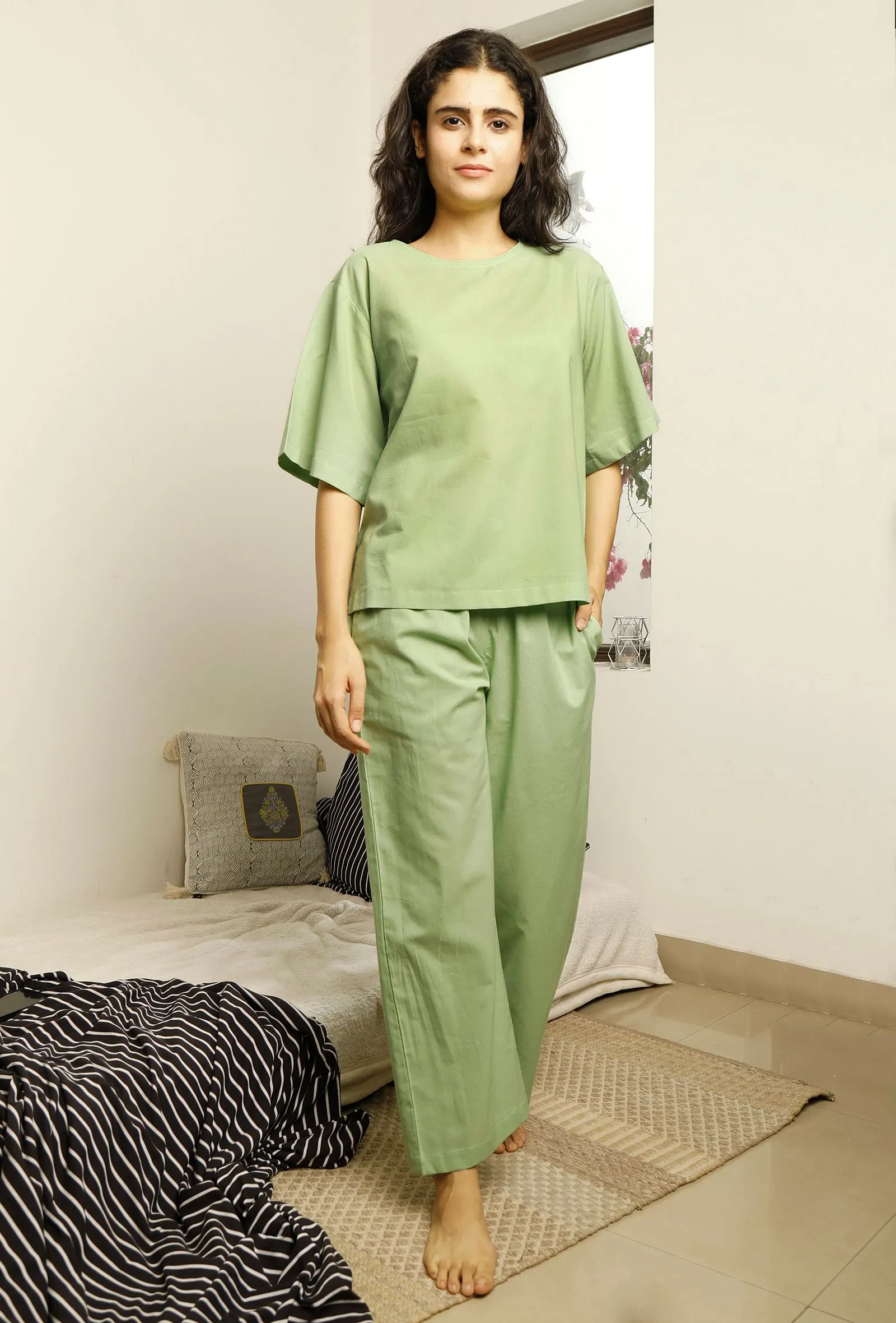 Set of 2 : Sage Green Cotton Top and Pajama