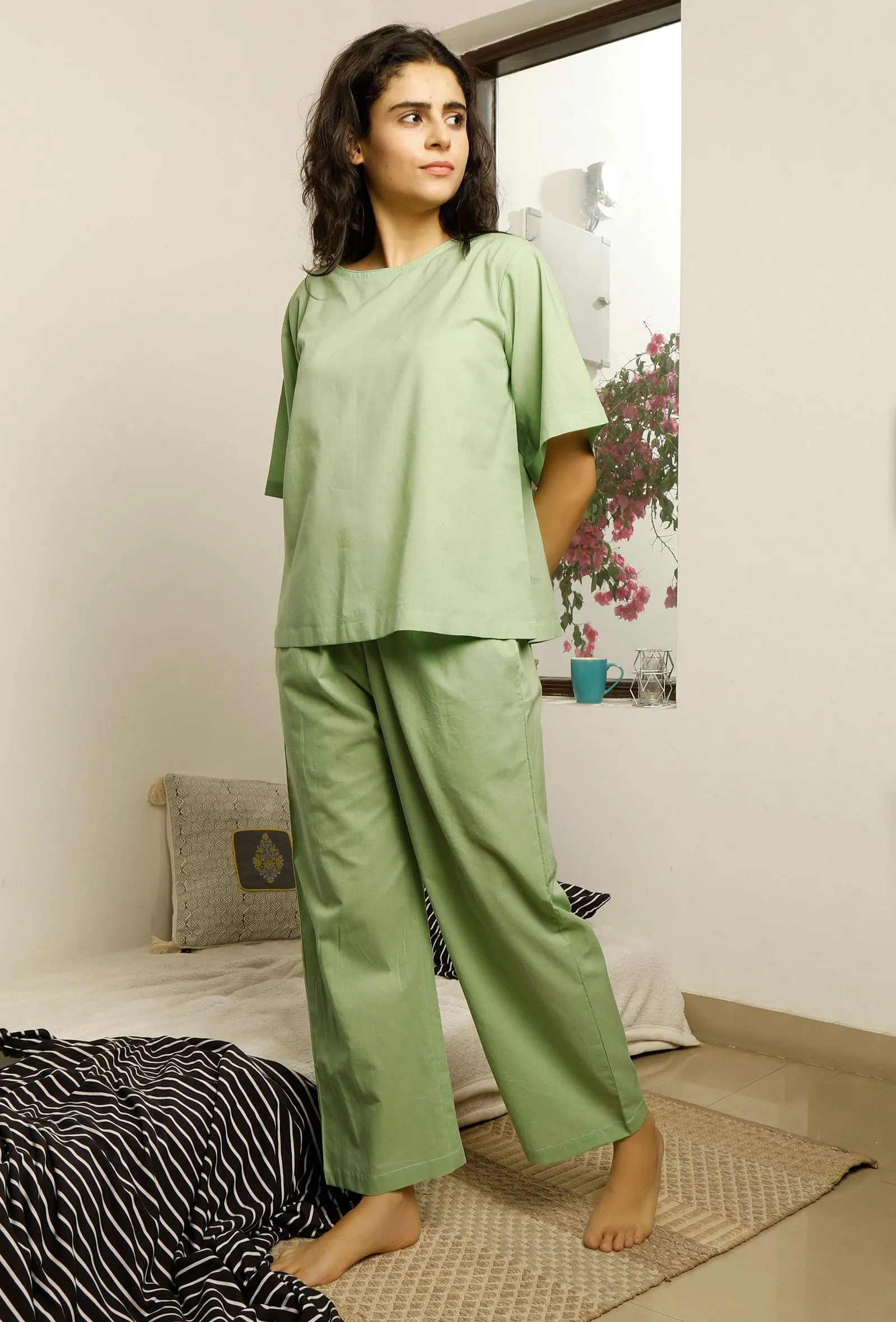 Set of 2 : Sage Green Cotton Top and Pajama