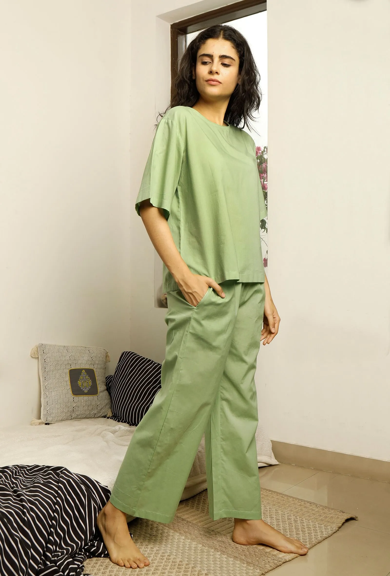 Set of 2 : Sage Green Cotton Top and Pajama