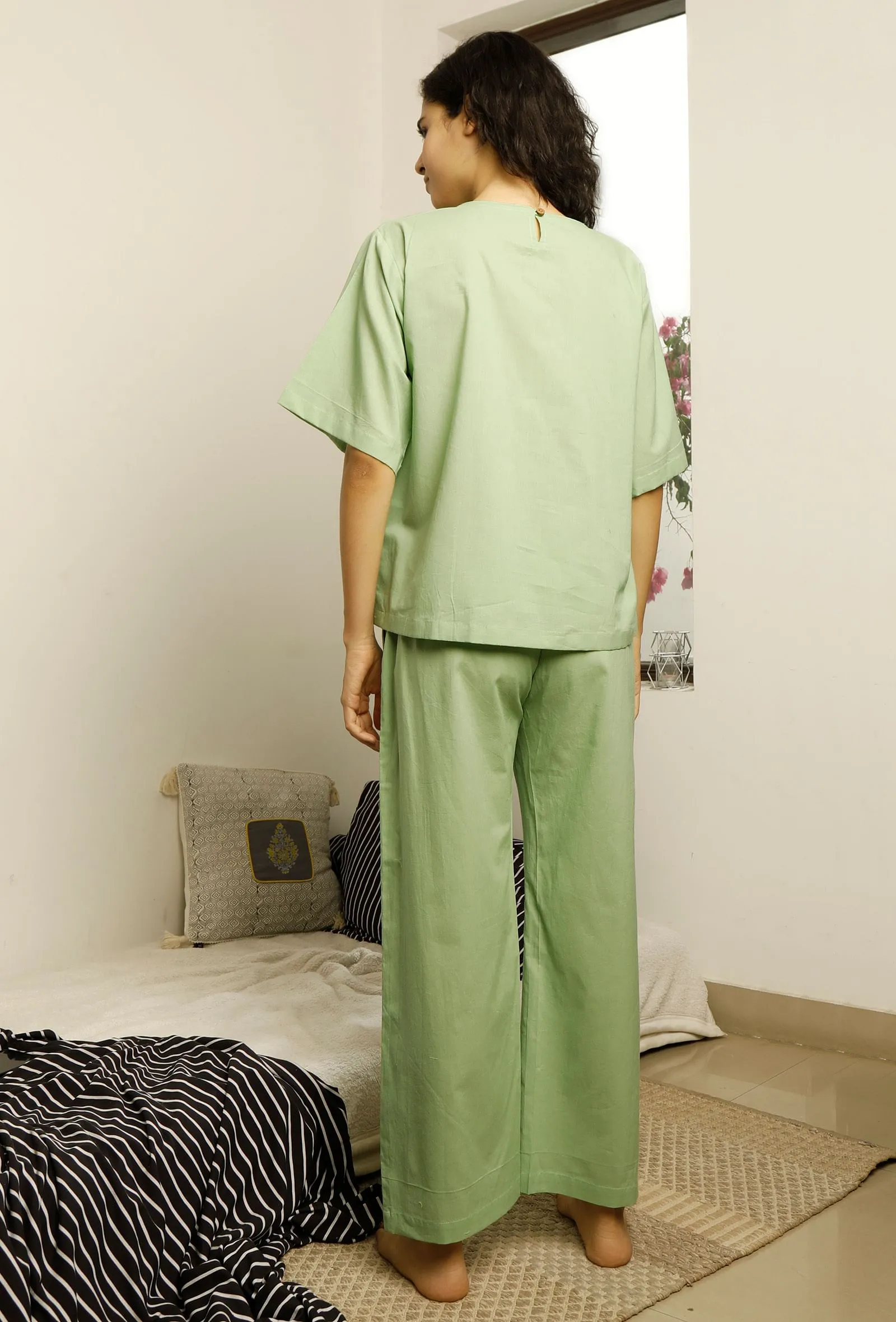 Set of 2 : Sage Green Cotton Top and Pajama