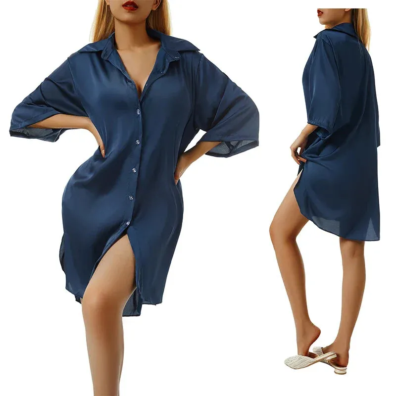 Solid Color Half Sleeve Single Breasted Loose Nightshirt Sleep Tops Underwear Home Lounge Wear Sleepwear Summer Sleeping Dress