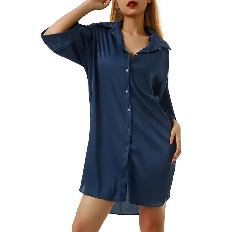 Solid Color Half Sleeve Single Breasted Loose Nightshirt Sleep Tops Underwear Home Lounge Wear Sleepwear Summer Sleeping Dress