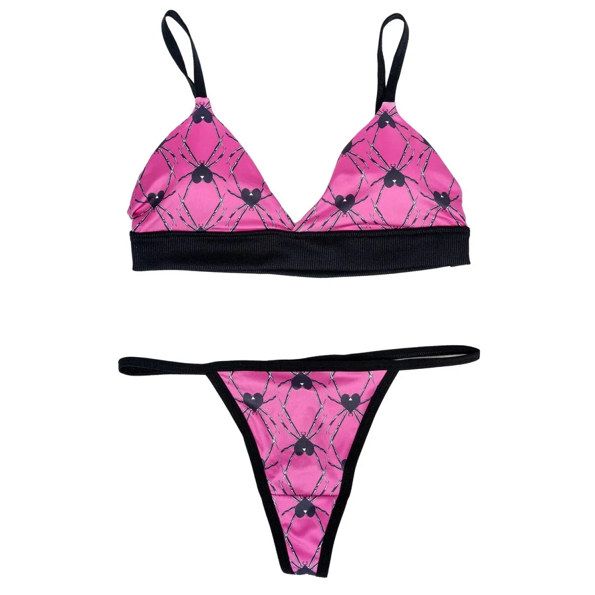 Spider Hearts Pink Thong And Bra Set