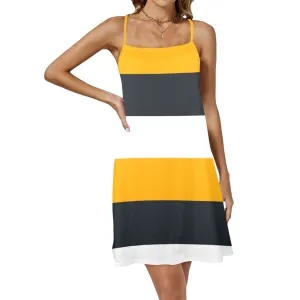 striped gold white black print Drawstring Neck Sleeveless Dress (Model D68)