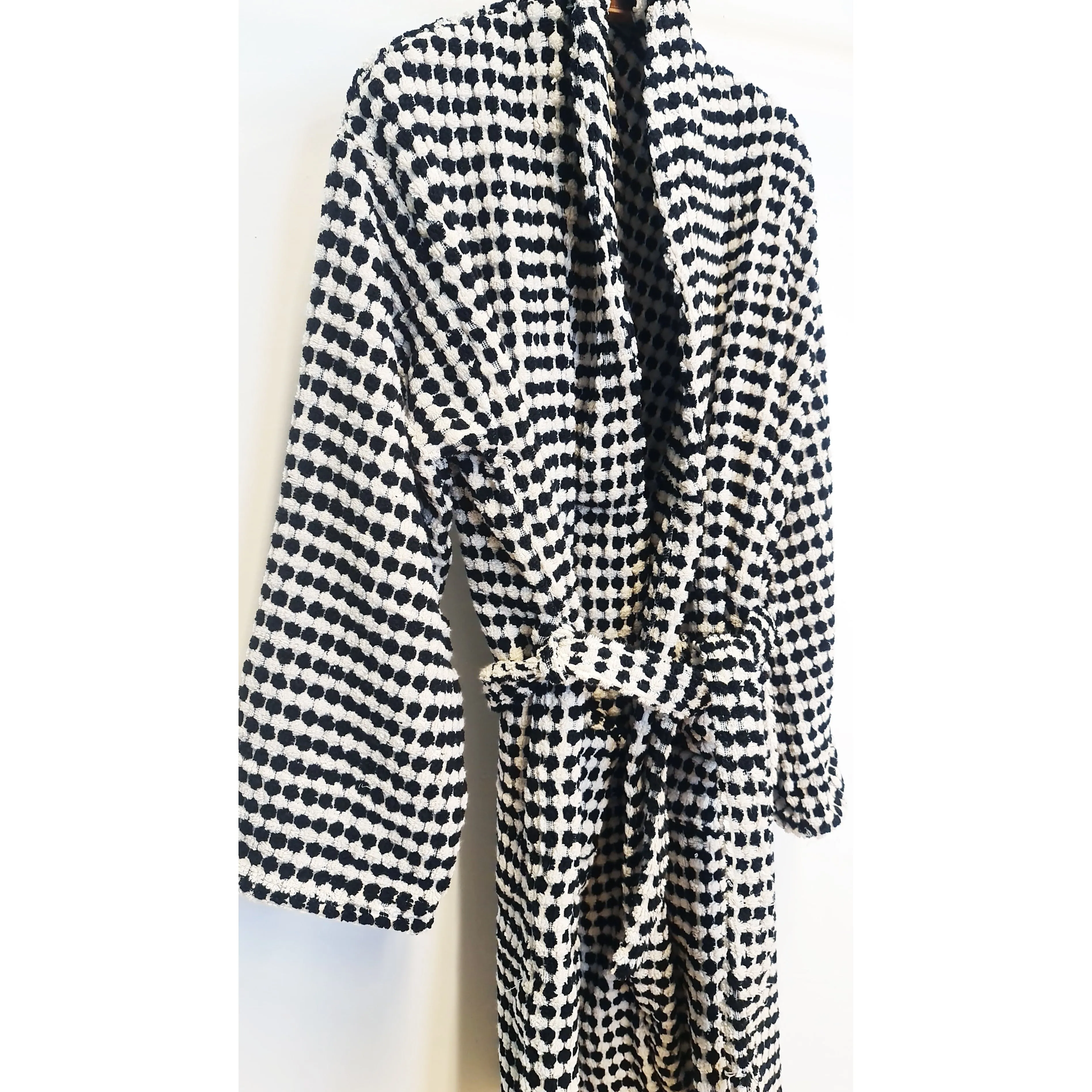 Turkish Terry Towel Bathrobe Black Dotted Pompom Design