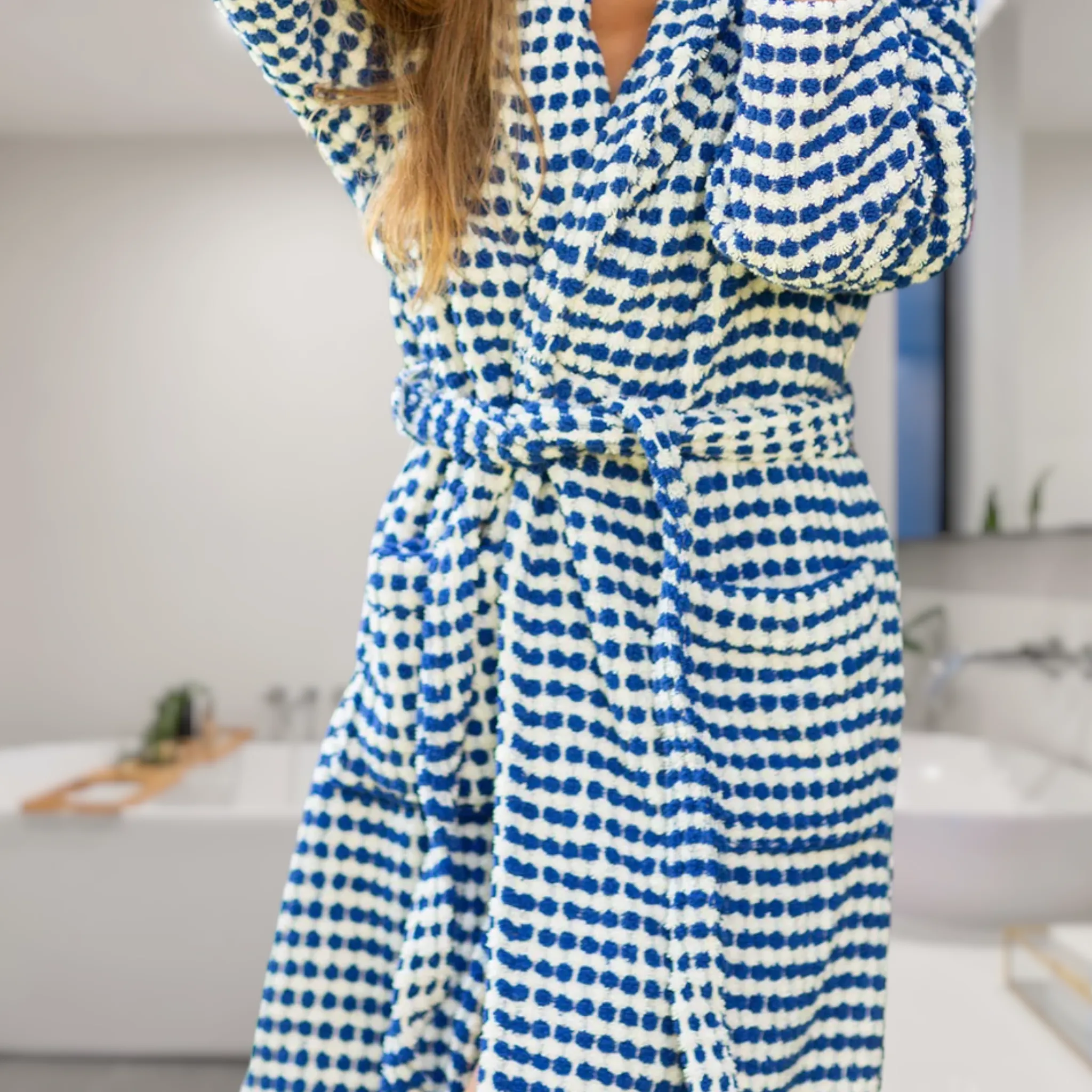 Turkish Terry Towel Bathrobe Indigo Dotted Pompom Design