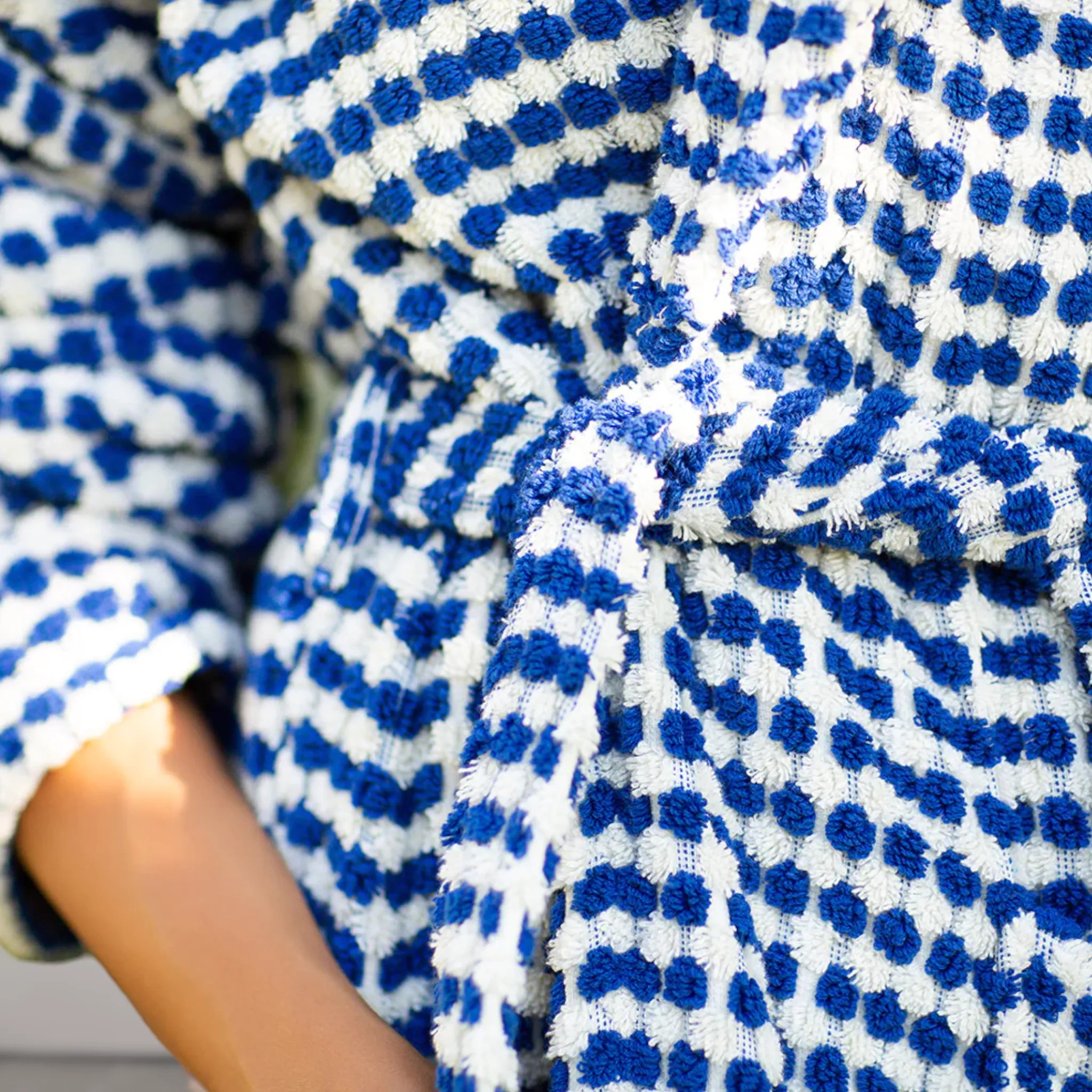 Turkish Terry Towel Bathrobe Indigo Dotted Pompom Design