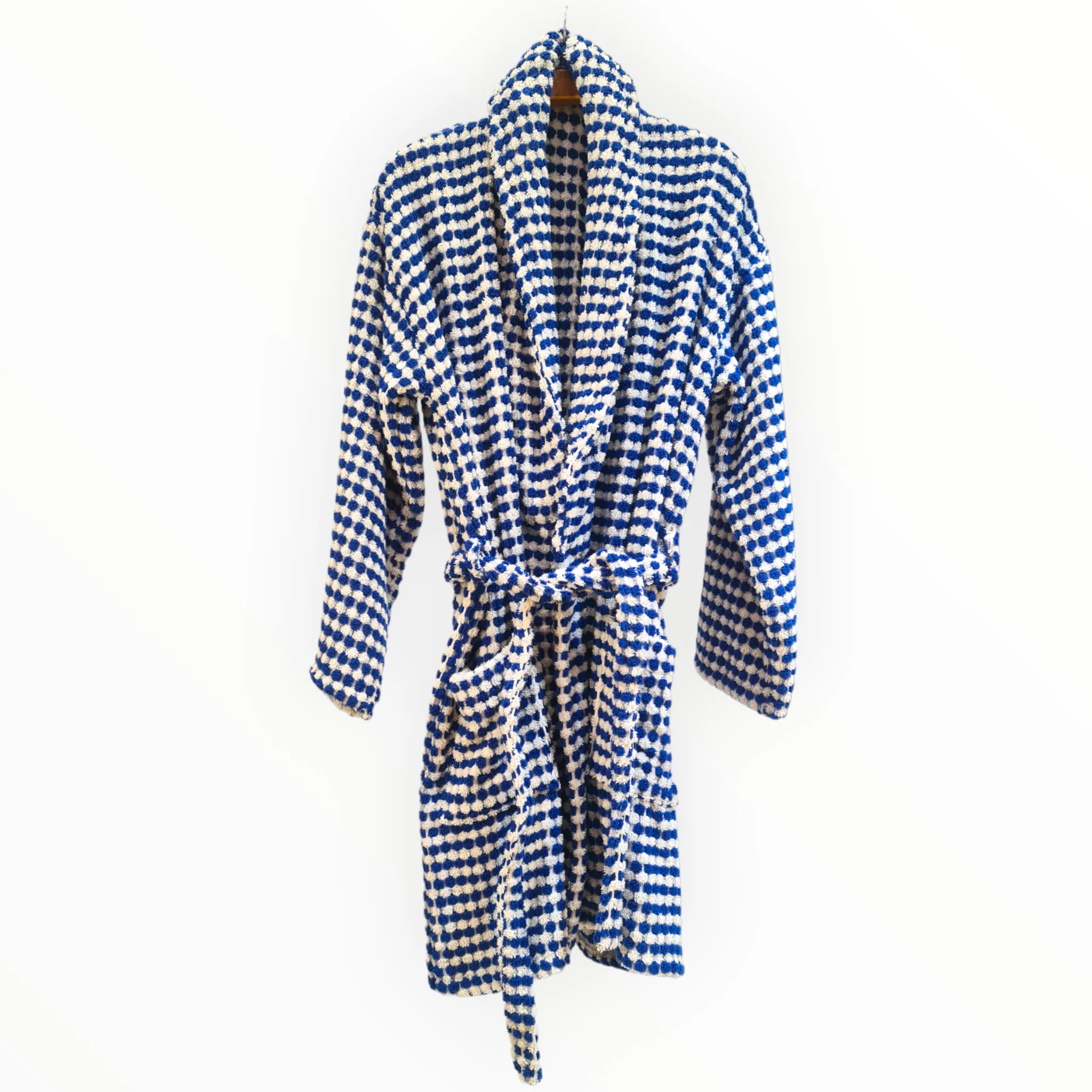 Turkish Terry Towel Bathrobe Indigo Dotted Pompom Design