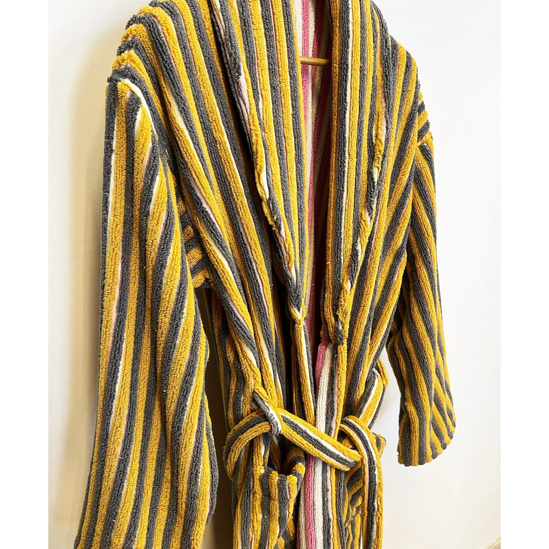 Turkish Terry Towel Bathrobe Yellow Pink Stripe Design