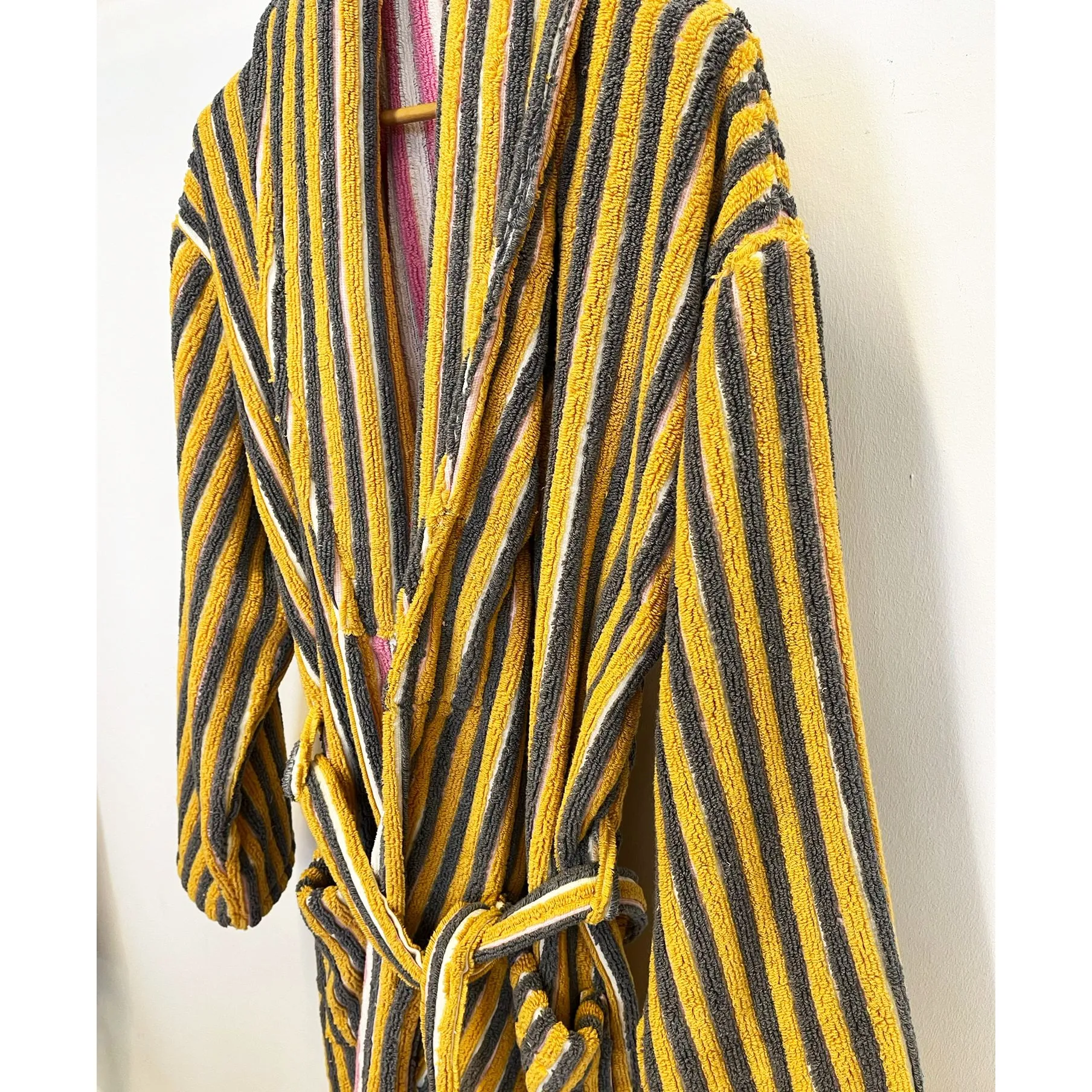 Turkish Terry Towel Bathrobe Yellow Pink Stripe Design