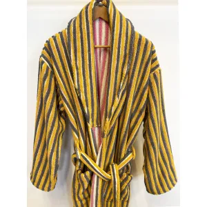 Turkish Terry Towel Bathrobe Yellow Pink Stripe Design