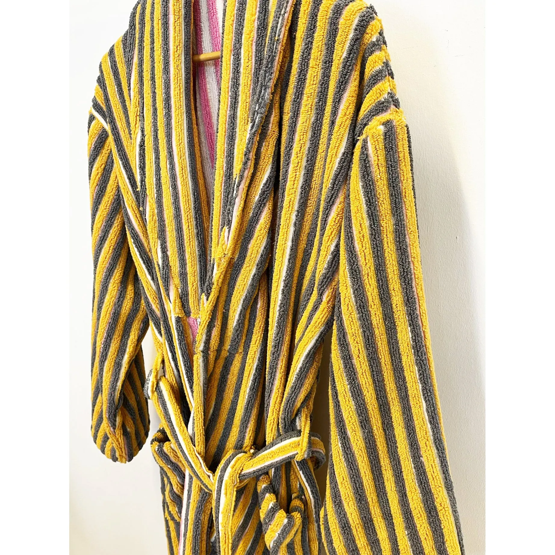 Turkish Terry Towel Bathrobe Yellow Pink Stripe Design