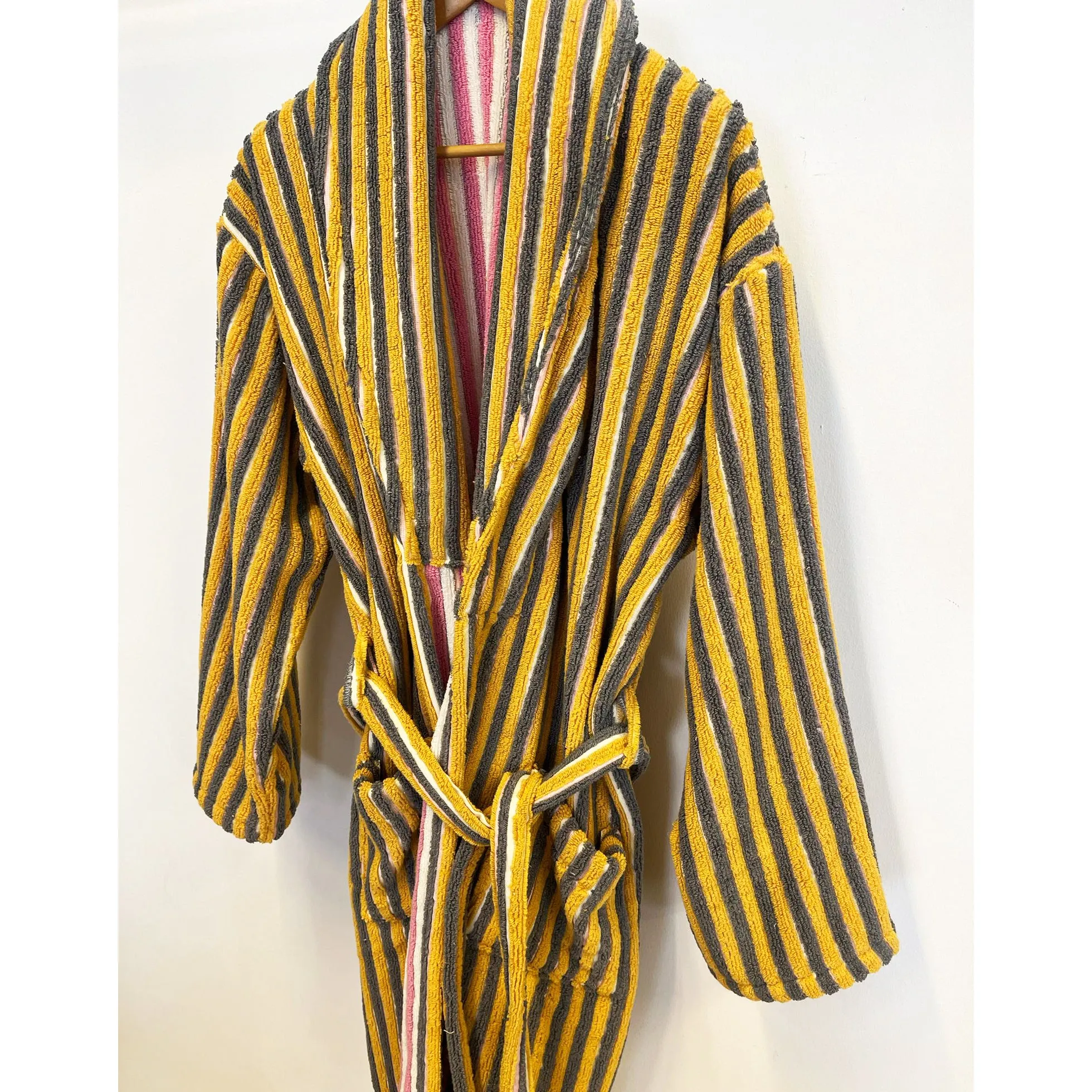 Turkish Terry Towel Bathrobe Yellow Pink Stripe Design