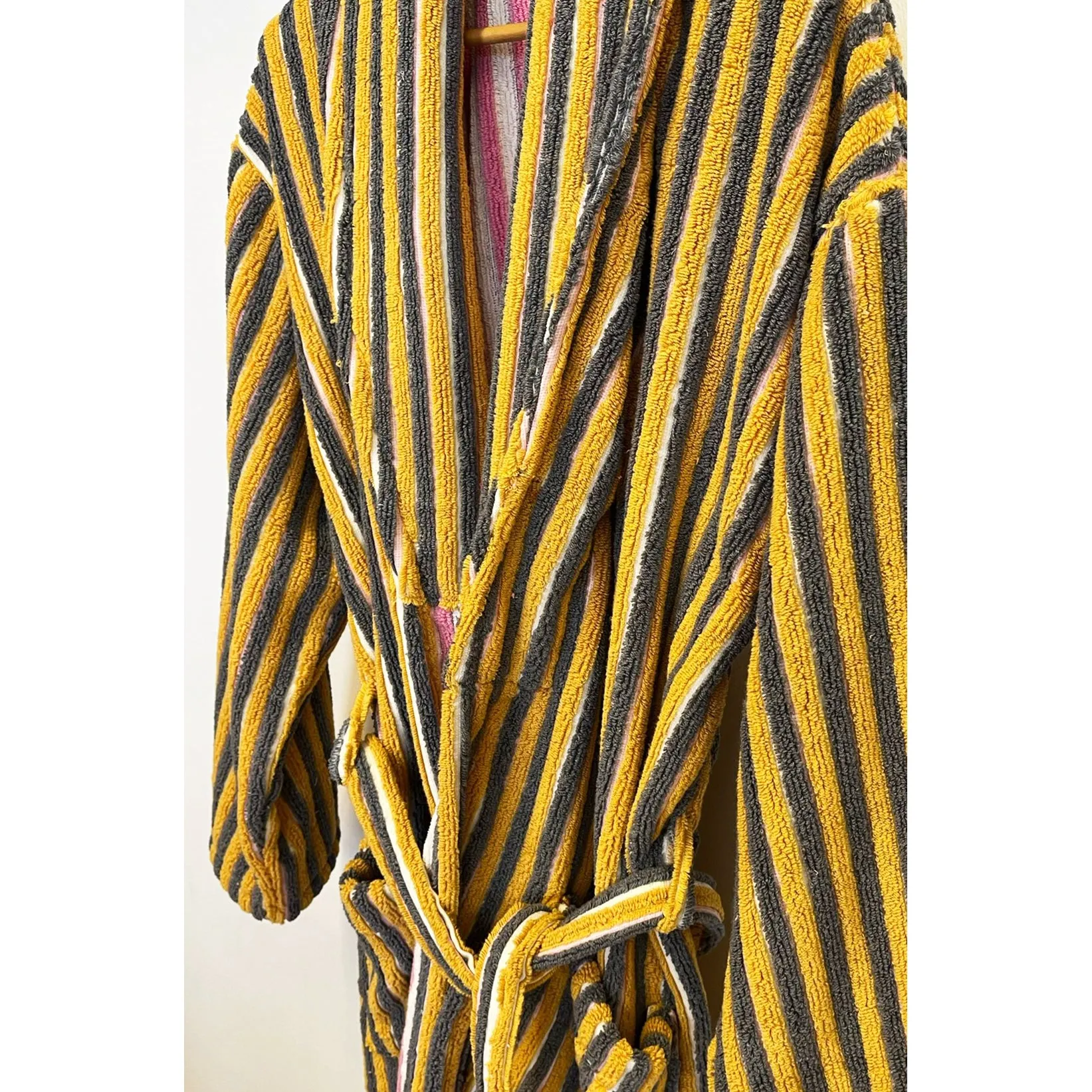 Turkish Terry Towel Bathrobe Yellow Pink Stripe Design