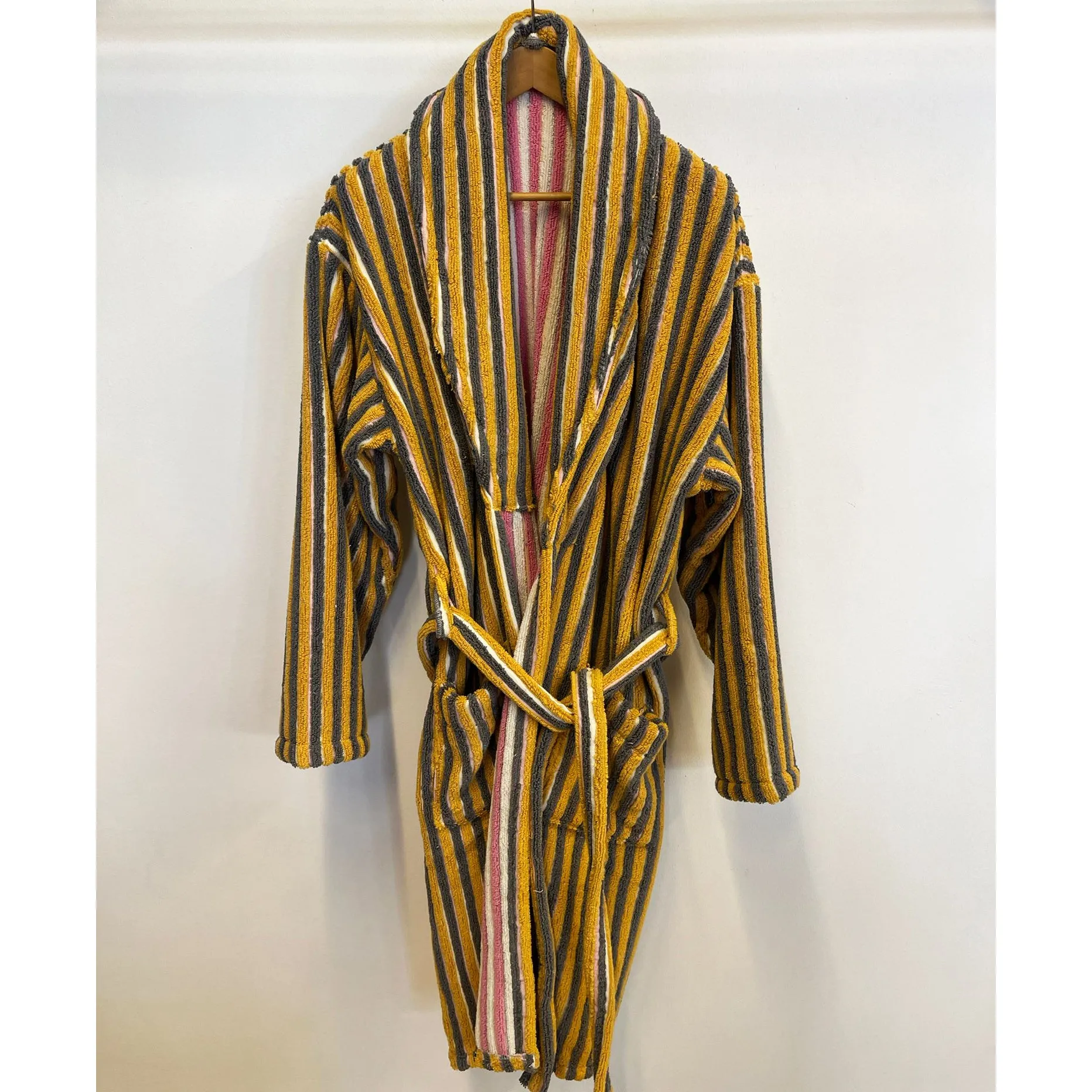 Turkish Terry Towel Bathrobe Yellow Pink Stripe Design