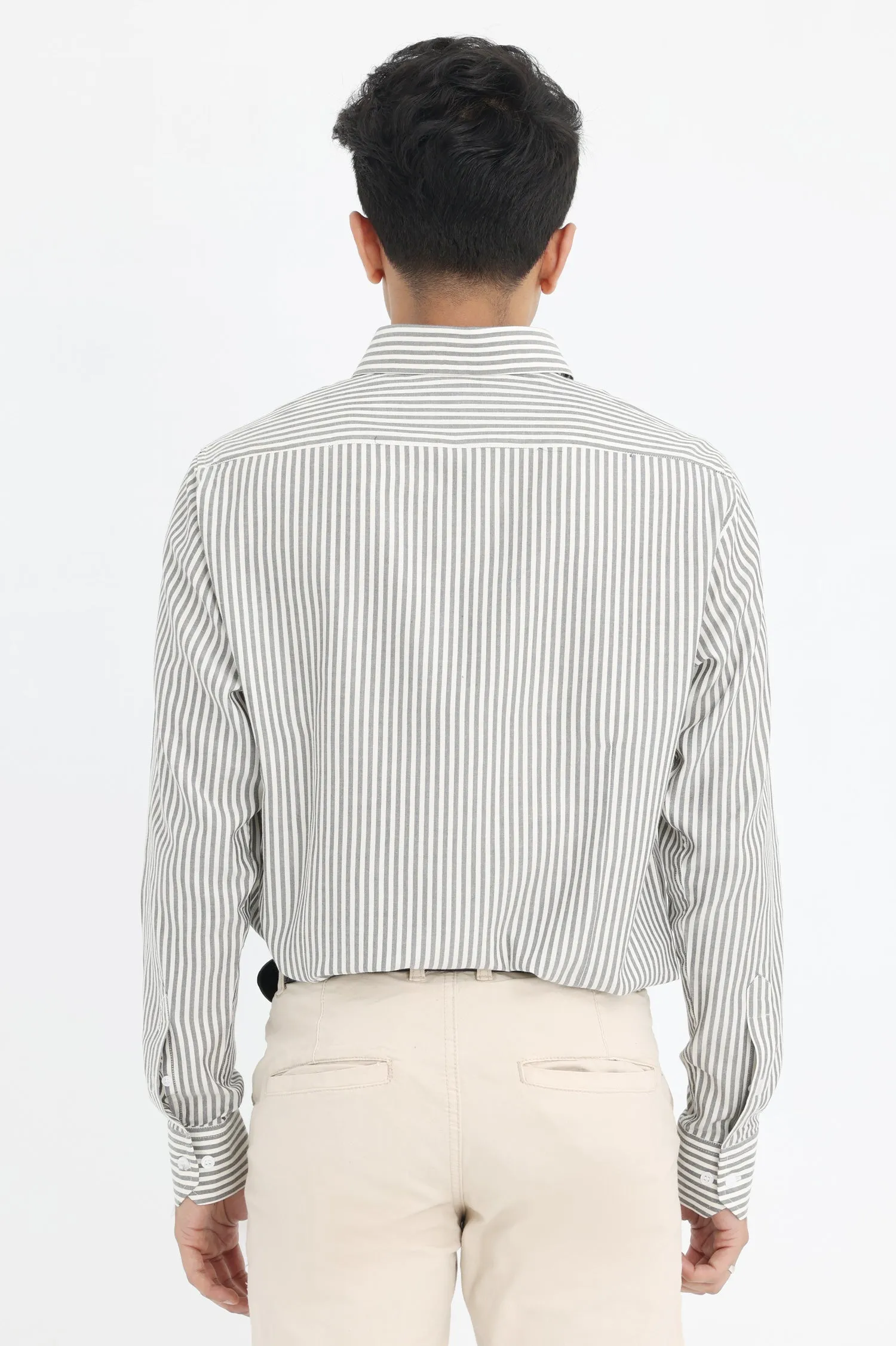 VERTICAL STRIPE BUTTON-UP-GREY-WHT