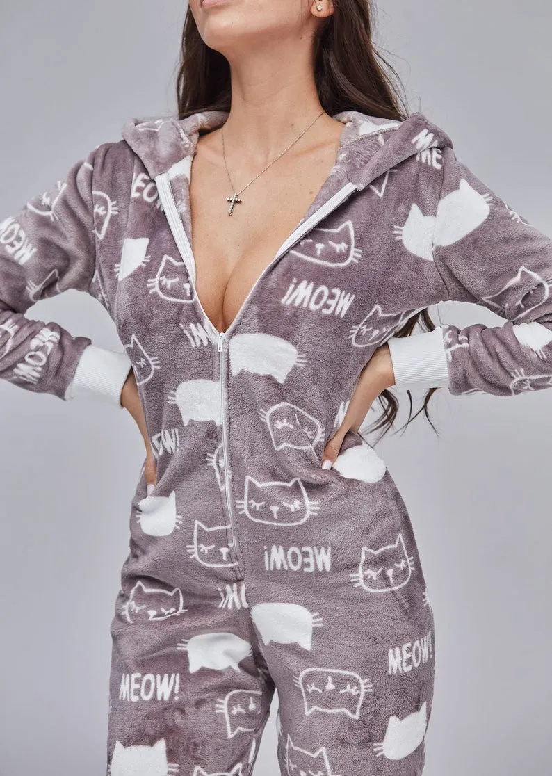 Women's cozy terry butt flap pajamas Sweetjama Frozy with a hood "Meow"