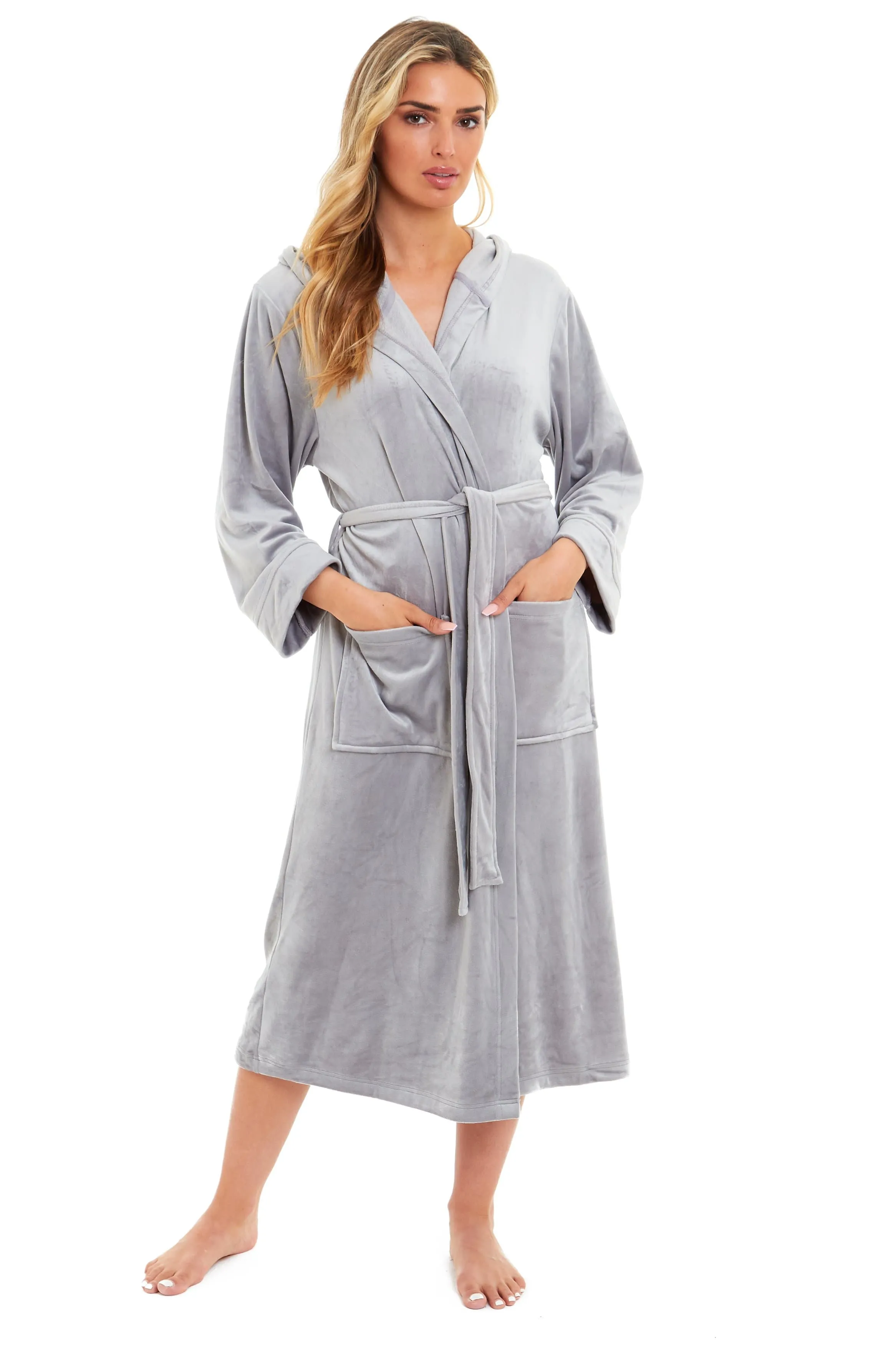 Women's Luxurious Velour Hooded Bathrobe Soft Touch Stretch Loungewear Elegant Comfort by Daisy Dreamer