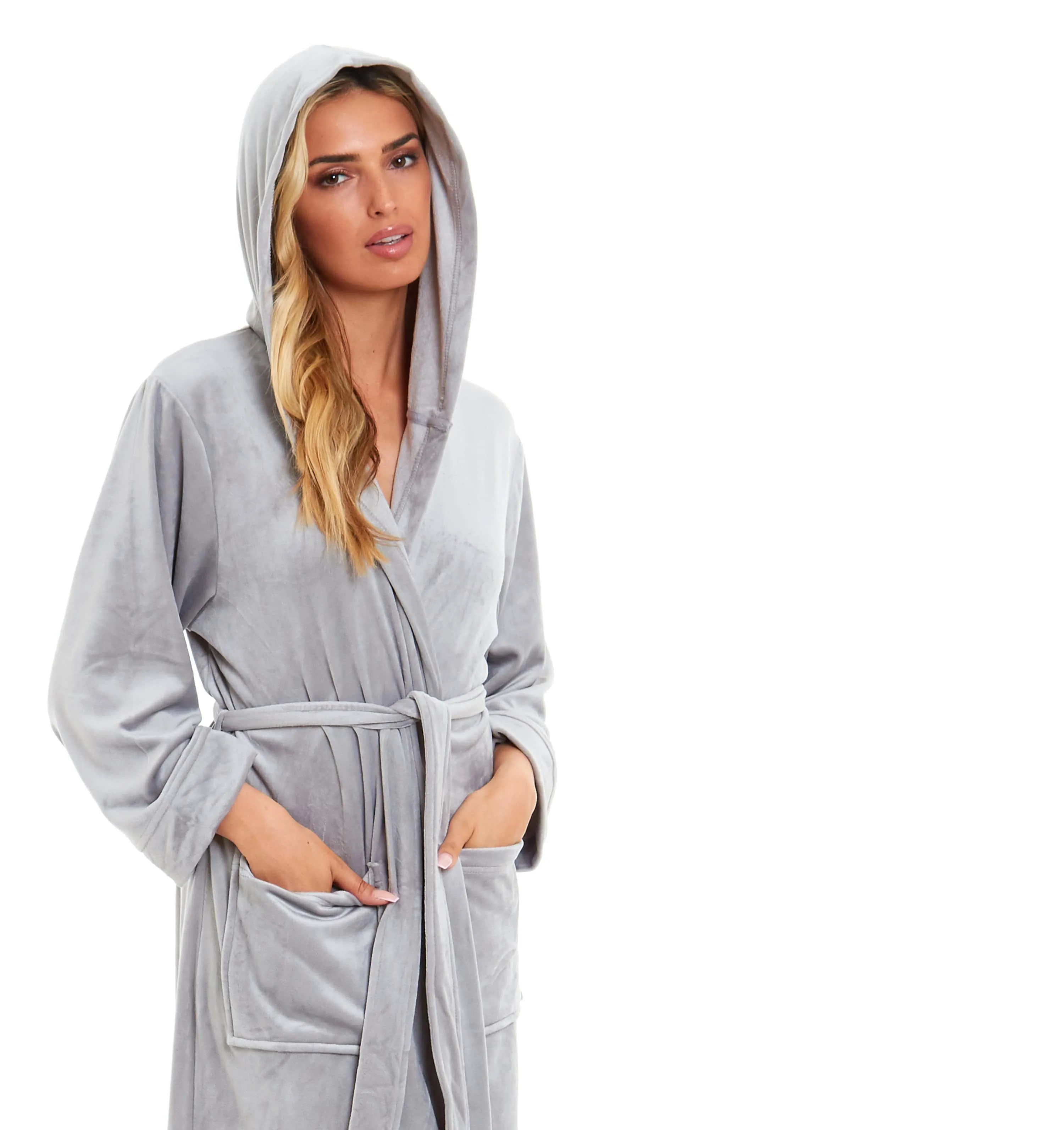 Women's Luxurious Velour Hooded Bathrobe Soft Touch Stretch Loungewear Elegant Comfort by Daisy Dreamer