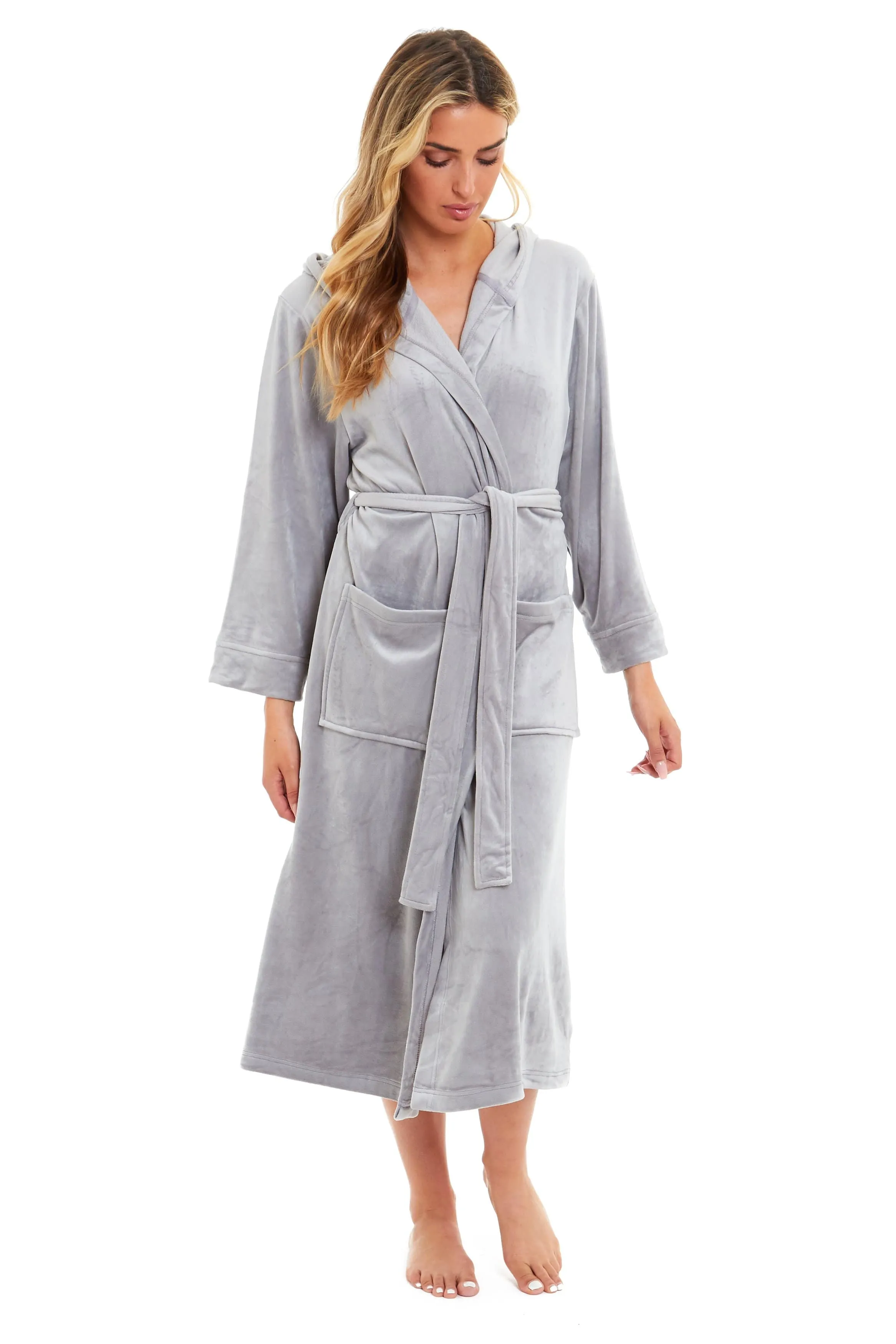 Women's Luxurious Velour Hooded Bathrobe Soft Touch Stretch Loungewear Elegant Comfort by Daisy Dreamer