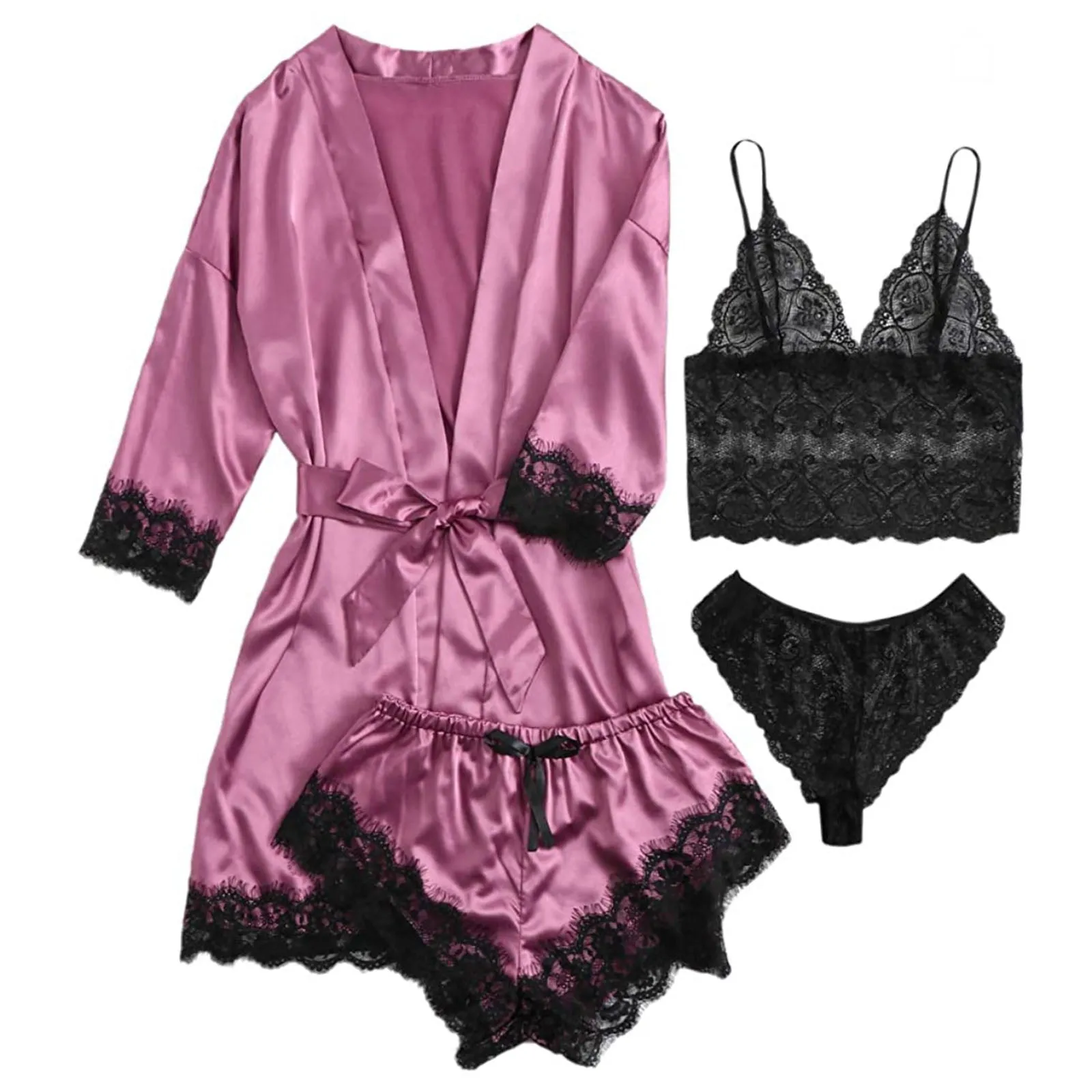 ZFSOCK Robes for Women Satin Silk Pajamas Set 4pcs Lace Trim Cami Sexy Lingerie Sleepwear Underwear