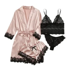 ZFSOCK Robes for Women Satin Silk Pajamas Set 4pcs Lace Trim Cami Sexy Lingerie Sleepwear Underwear